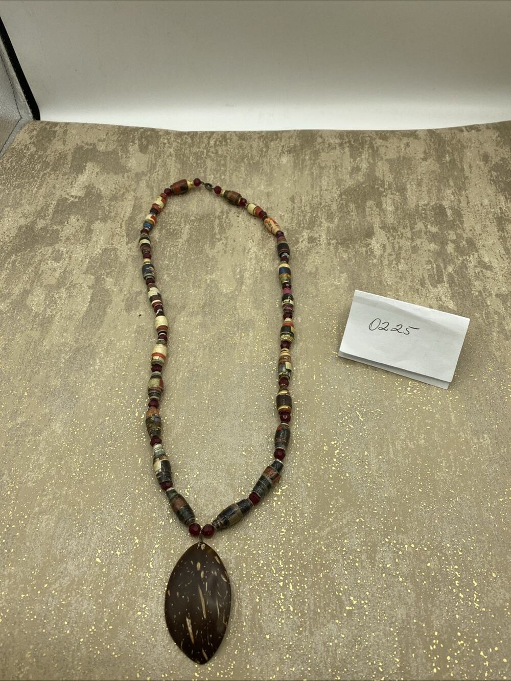 Vtg Tribal Paper Bead Necklace Paper Stone Wood Metal Made in Africa 15”
